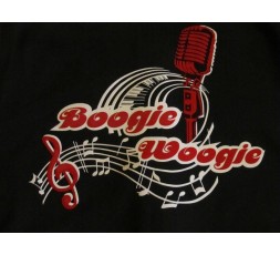 T-Shirt Herr schwarz Motiv Boogie Woogie Microfon 2-farbig - Flock hinten