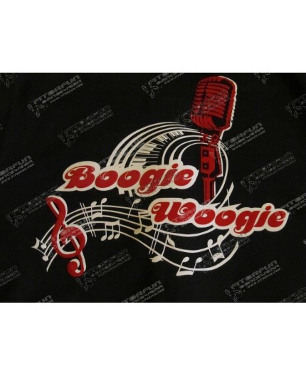 T-Shirt Dame schwarz Motiv Boogie Woogie Microfon 2-farbig - Flock hinten